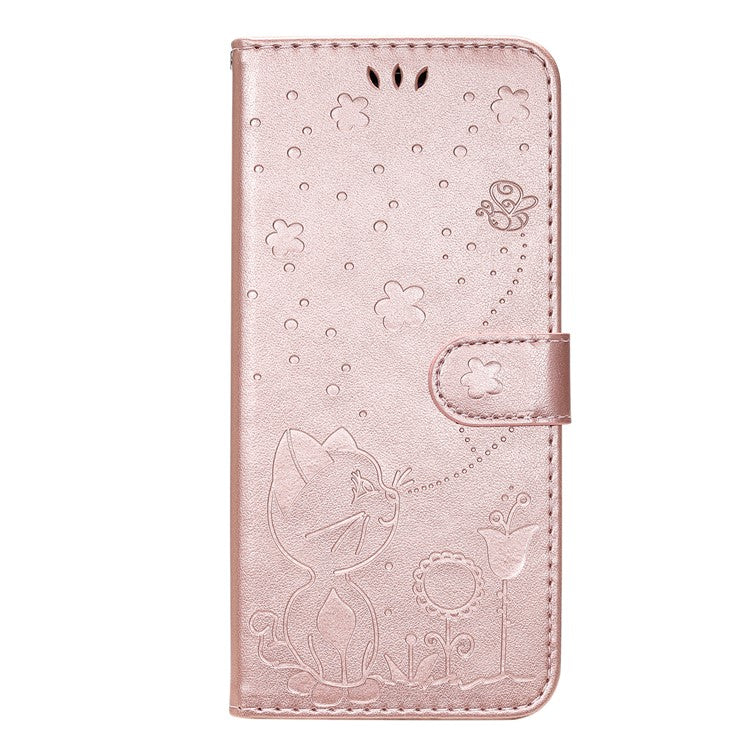 For iPhone 16e Case Cat Bee Imprinted Leather Wallet Cover - Rose Gold