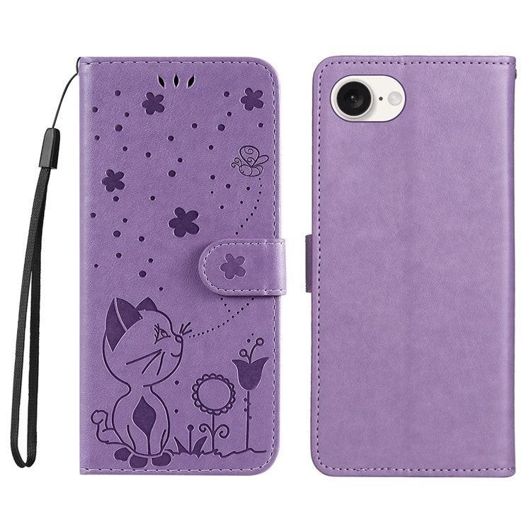 For iPhone 16e Case Cat Bee Imprinted Leather Wallet Cover - Purple