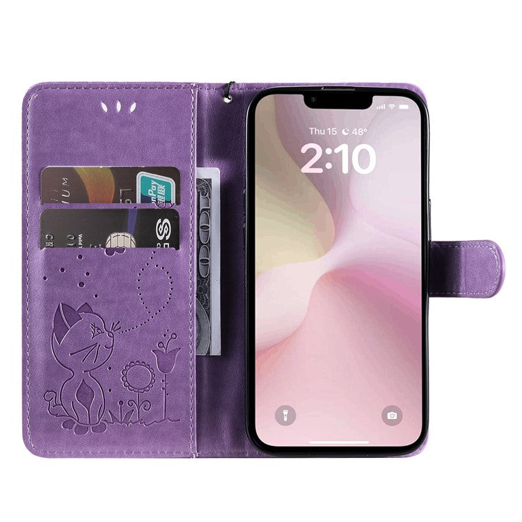 For iPhone 16e Case Cat Bee Imprinted Leather Wallet Cover - Purple