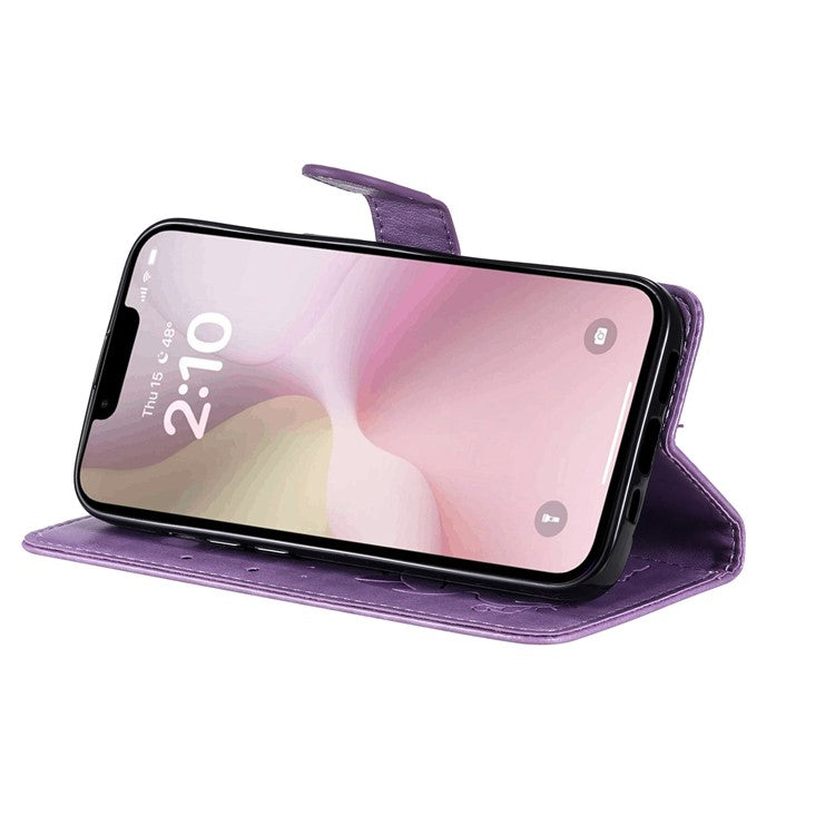 For iPhone 16e Case Cat Bee Imprinted Leather Wallet Cover - Purple