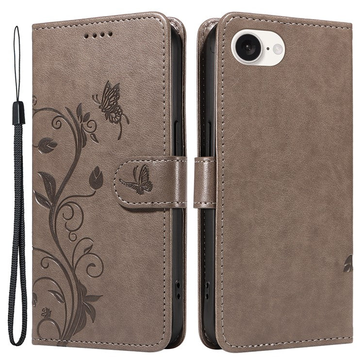 For iPhone 16e Case Butterfly Flower PU Leather Phone Cover with Card Holder - Grey