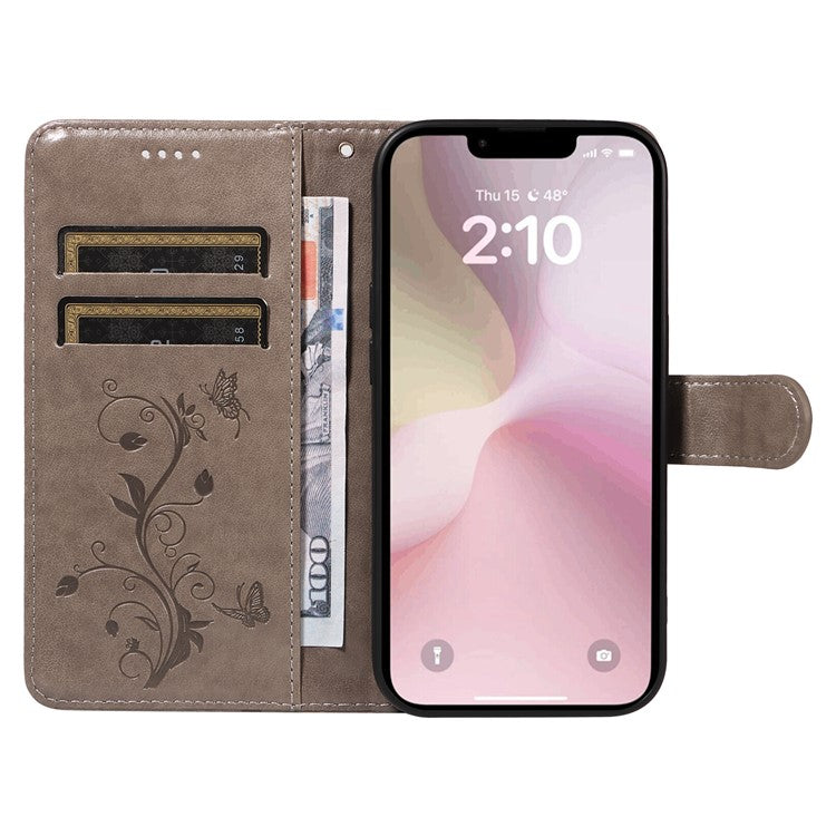 For iPhone 16e Case Butterfly Flower PU Leather Phone Cover with Card Holder - Grey