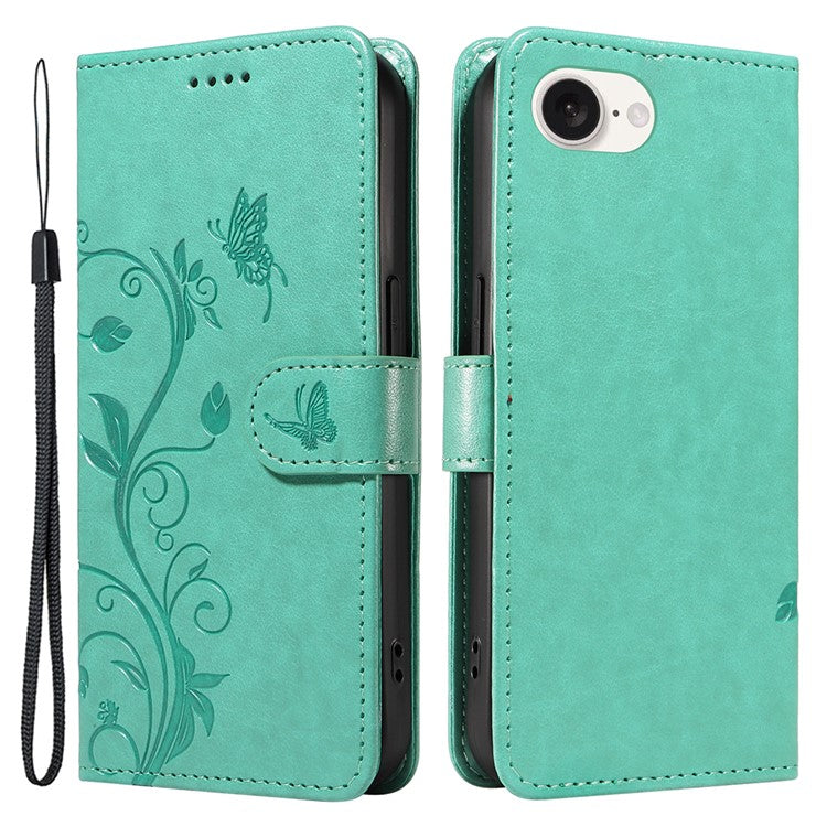 For iPhone 16e Case Butterfly Flower PU Leather Phone Cover with Card Holder - Green