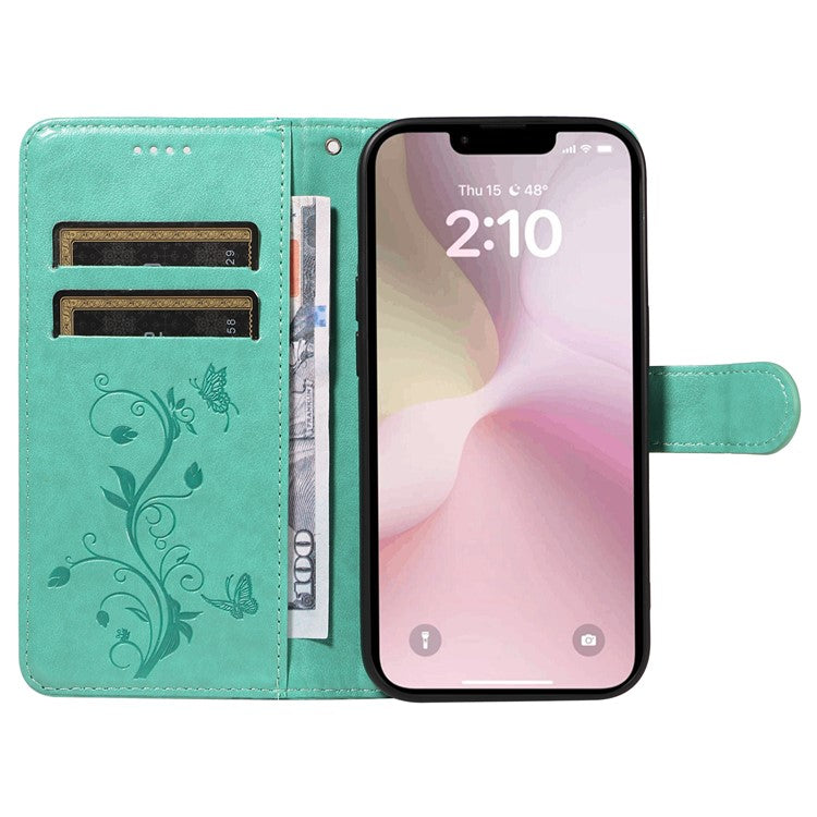 For iPhone 16e Case Butterfly Flower PU Leather Phone Cover with Card Holder - Green