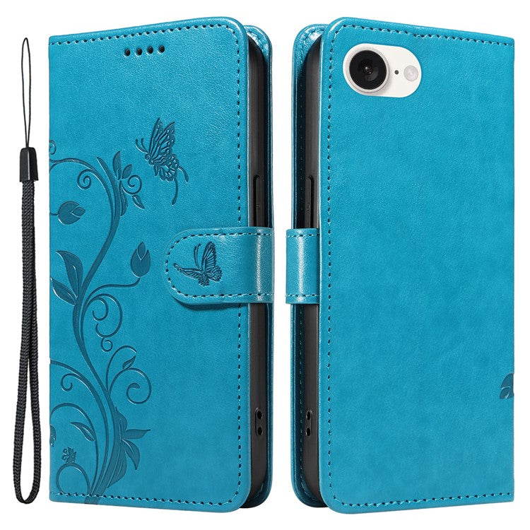 For iPhone 16e Case Butterfly Flower PU Leather Phone Cover with Card Holder - Blue