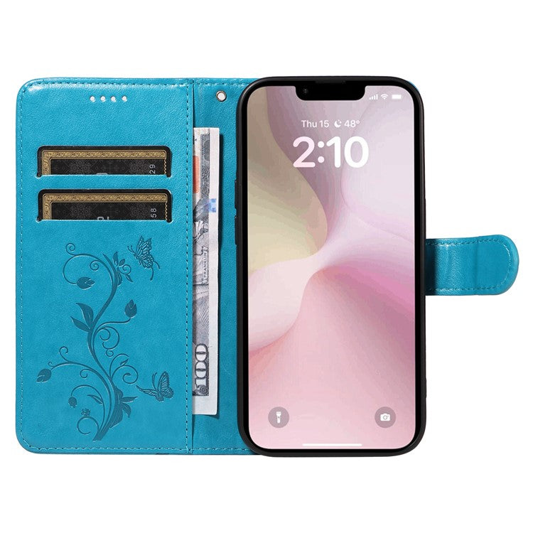 For iPhone 16e Case Butterfly Flower PU Leather Phone Cover with Card Holder - Blue