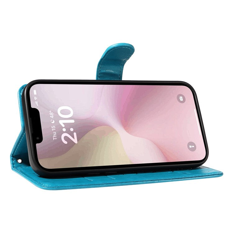 For iPhone 16e Case Butterfly Flower PU Leather Phone Cover with Card Holder - Blue