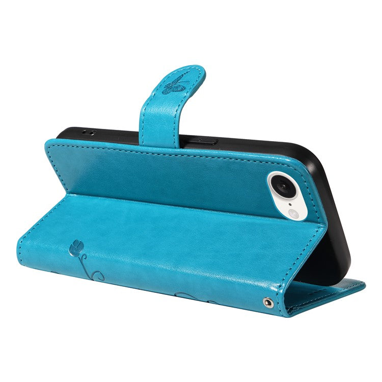 For iPhone 16e Case Butterfly Flower PU Leather Phone Cover with Card Holder - Blue