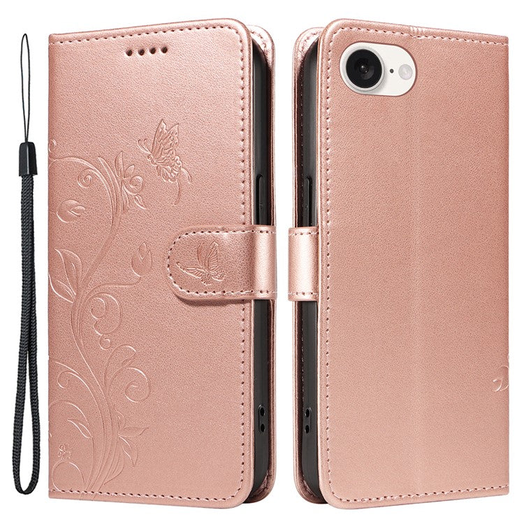 For iPhone 16e Case Butterfly Flower PU Leather Phone Cover with Card Holder - Rose Gold