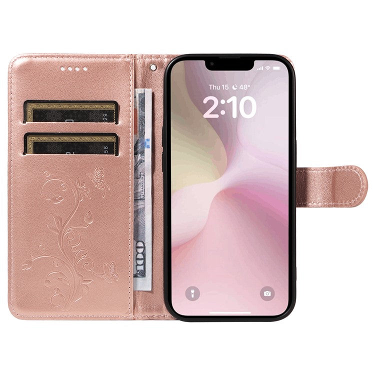 For iPhone 16e Case Butterfly Flower PU Leather Phone Cover with Card Holder - Rose Gold