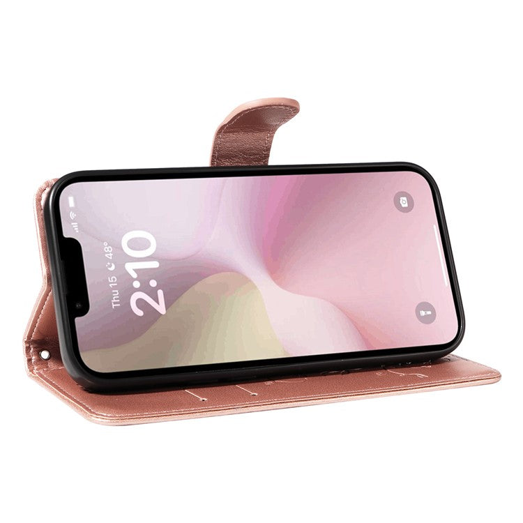 For iPhone 16e Case Butterfly Flower PU Leather Phone Cover with Card Holder - Rose Gold