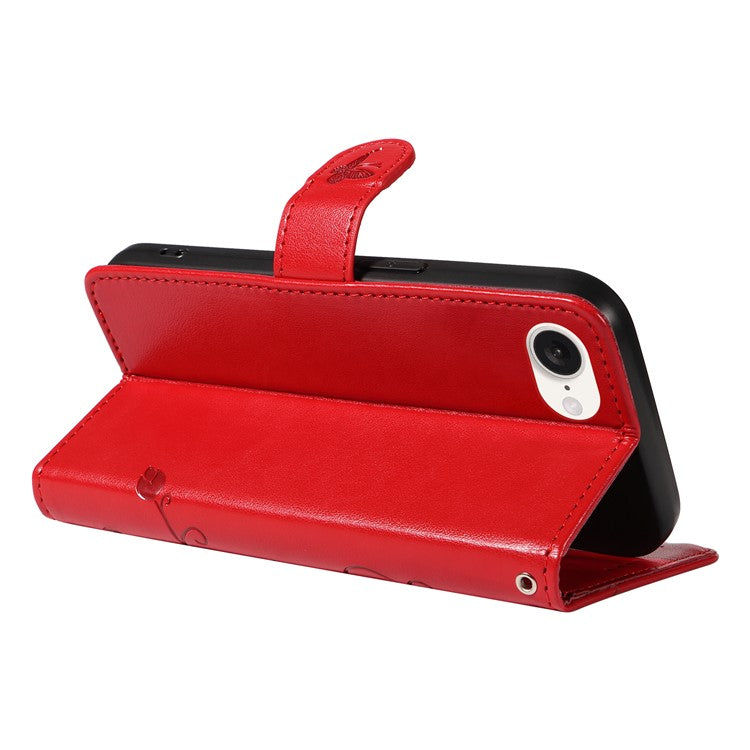 For iPhone 16e Case Butterfly Flower PU Leather Phone Cover with Card Holder - Red