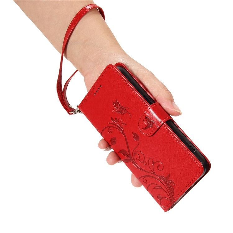 For iPhone 16e Case Butterfly Flower PU Leather Phone Cover with Card Holder - Red