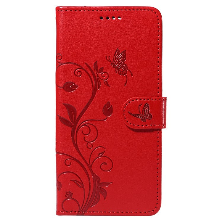 For iPhone 16e Case Butterfly Flower PU Leather Phone Cover with Card Holder - Red