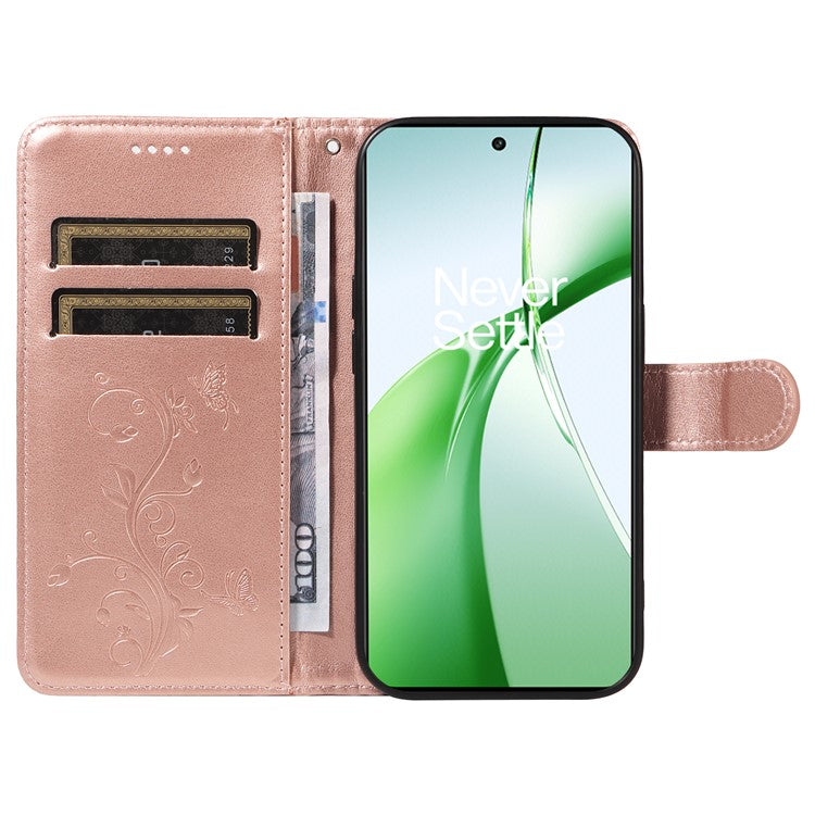 For OnePlus Nord CE4 5G Case Butterfly Flower Pattern PU Leather Phone Cover - Rose Gold