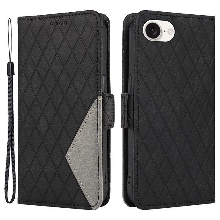 For iPhone 16e Wallet Case Rhombus Grid Leather Shockproof Phone Cover - Black