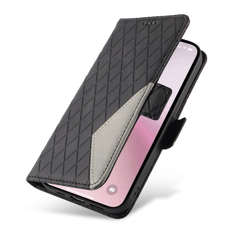 For iPhone 16e Wallet Case Rhombus Grid Leather Shockproof Phone Cover - Black