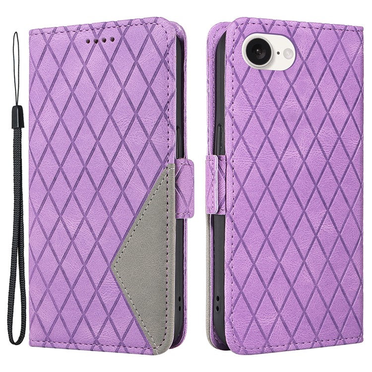 For iPhone 16e Wallet Case Rhombus Grid Leather Shockproof Phone Cover - Light Purple