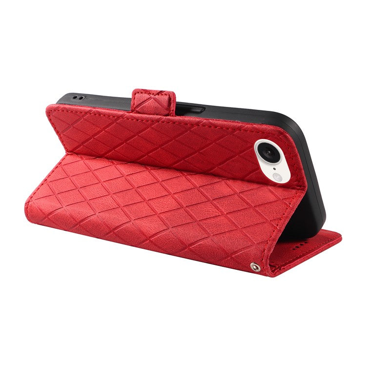 For iPhone 16e Wallet Case Rhombus Grid Leather Shockproof Phone Cover - Red
