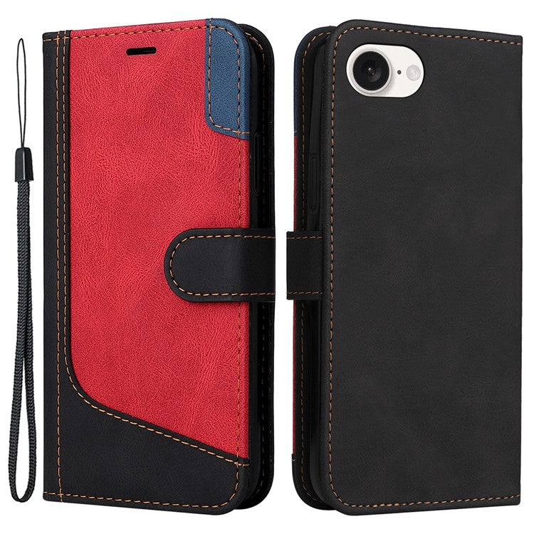 For iPhone 16e Case Wallet PU Leather Three-Color Splicing Phone Cover - Black
