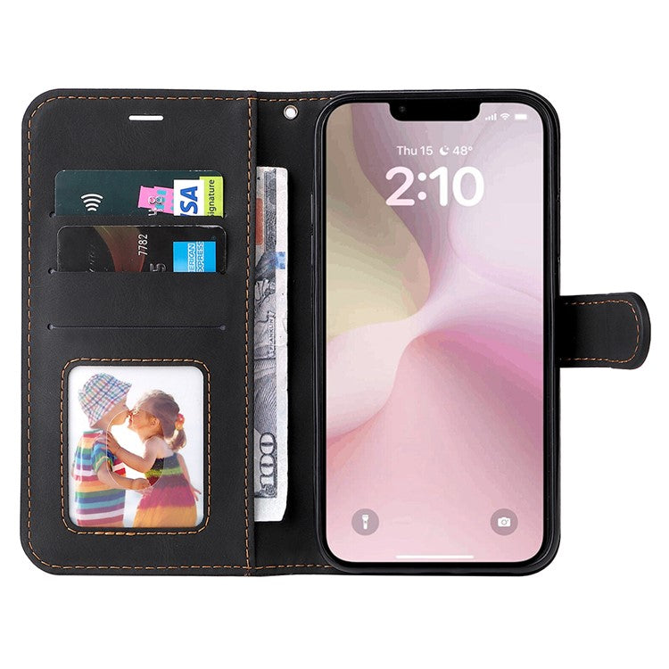 For iPhone 16e Case Wallet PU Leather Three-Color Splicing Phone Cover - Black