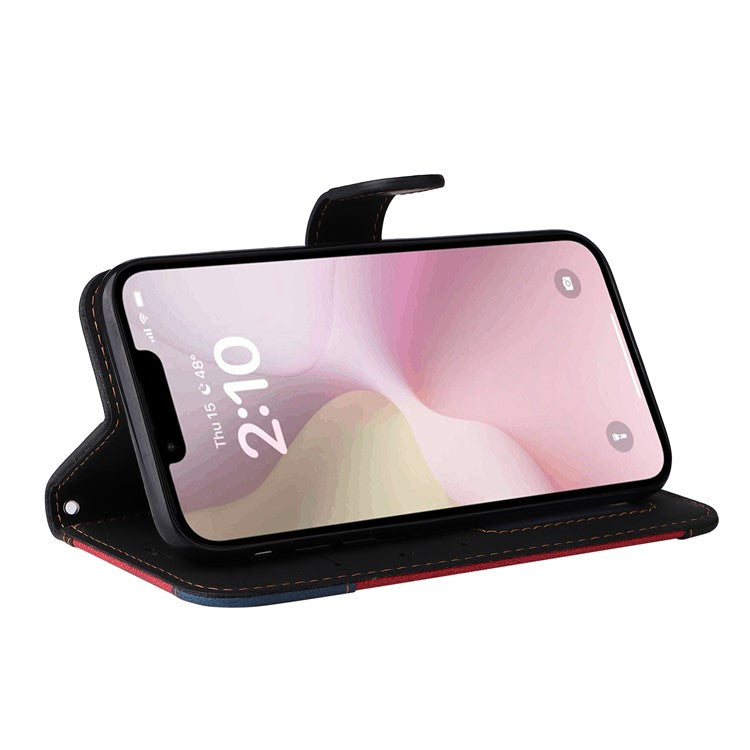 For iPhone 16e Case Wallet PU Leather Three-Color Splicing Phone Cover - Black