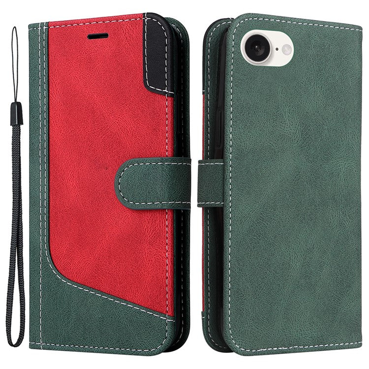 For iPhone 16e Case Wallet PU Leather Three-Color Splicing Phone Cover - Green