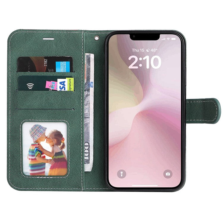 For iPhone 16e Case Wallet PU Leather Three-Color Splicing Phone Cover - Green