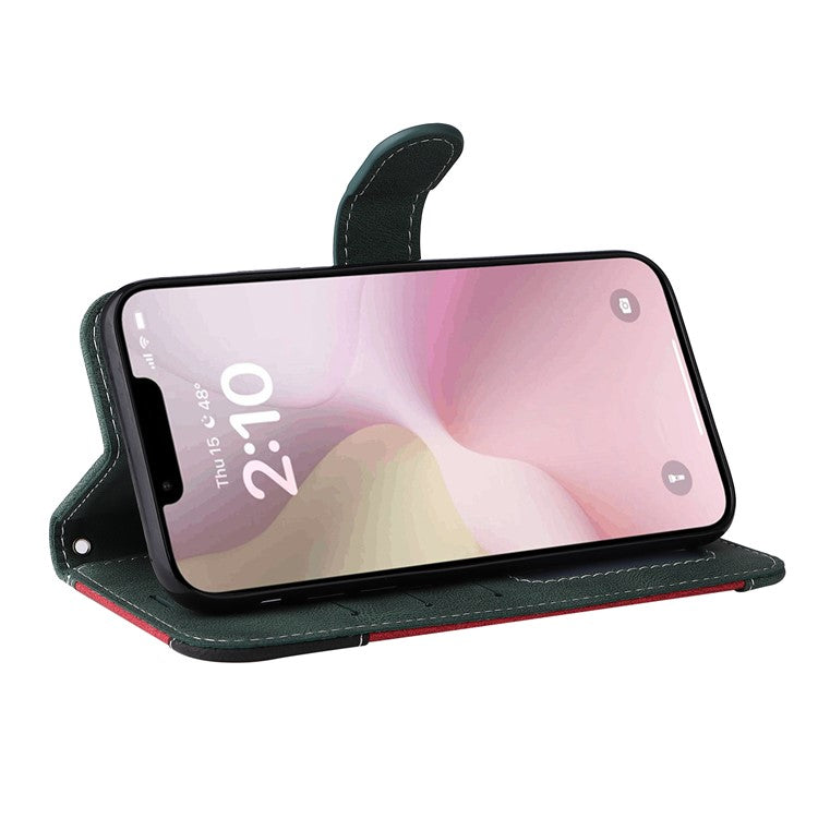 For iPhone 16e Case Wallet PU Leather Three-Color Splicing Phone Cover - Green