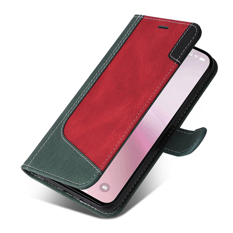 For iPhone 16e Case Wallet PU Leather Three-Color Splicing Phone Cover - Green