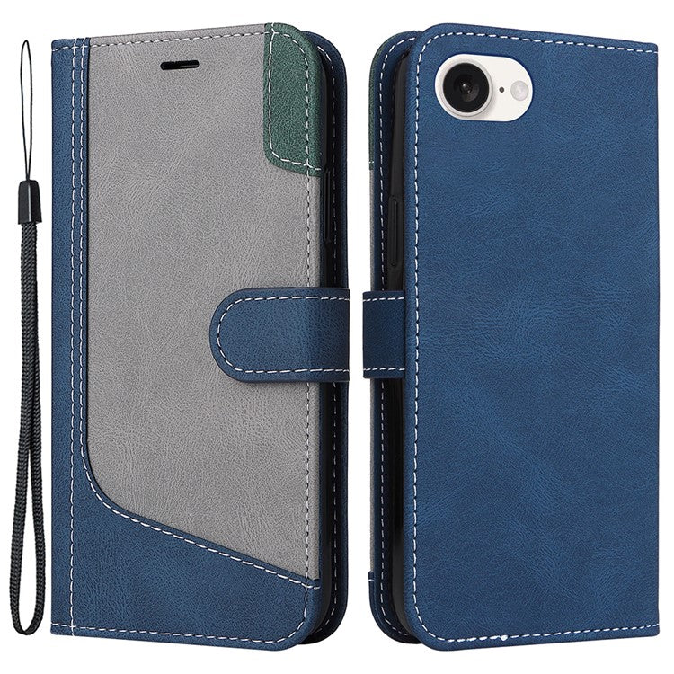 For iPhone 16e Case Wallet PU Leather Three-Color Splicing Phone Cover - Blue