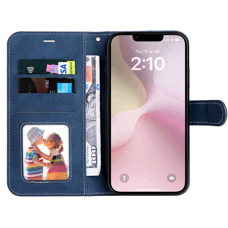 For iPhone 16e Case Wallet PU Leather Three-Color Splicing Phone Cover - Blue