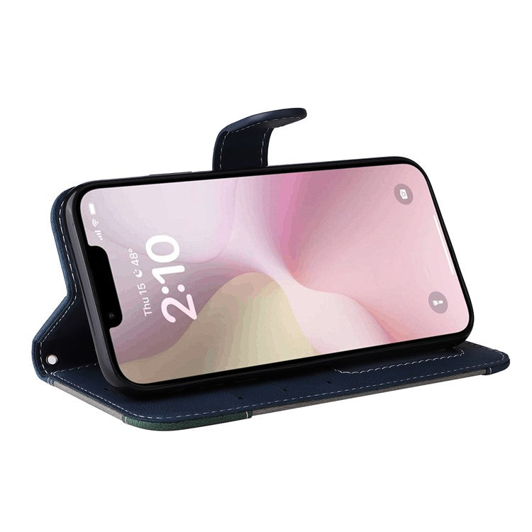 For iPhone 16e Case Wallet PU Leather Three-Color Splicing Phone Cover - Blue