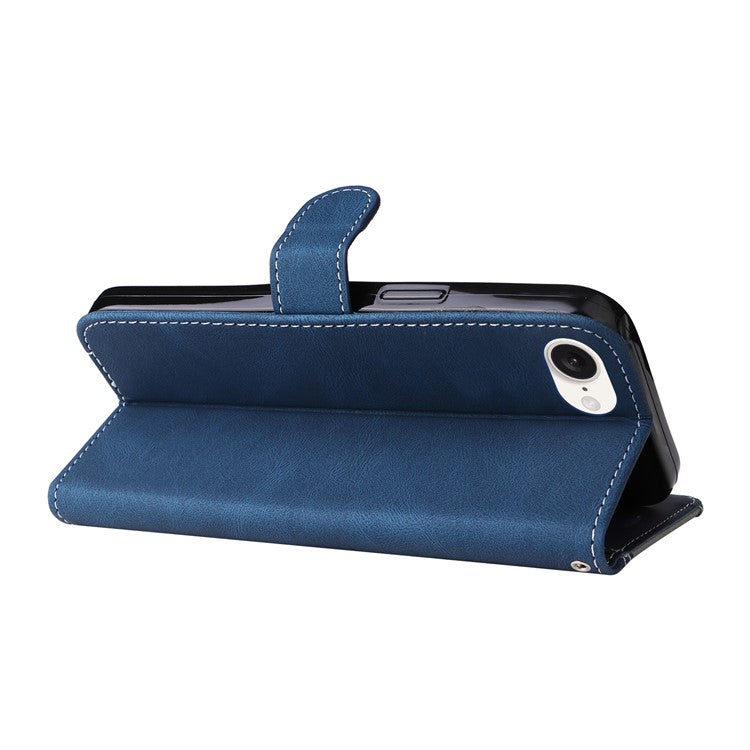 For iPhone 16e Case Wallet PU Leather Three-Color Splicing Phone Cover - Blue