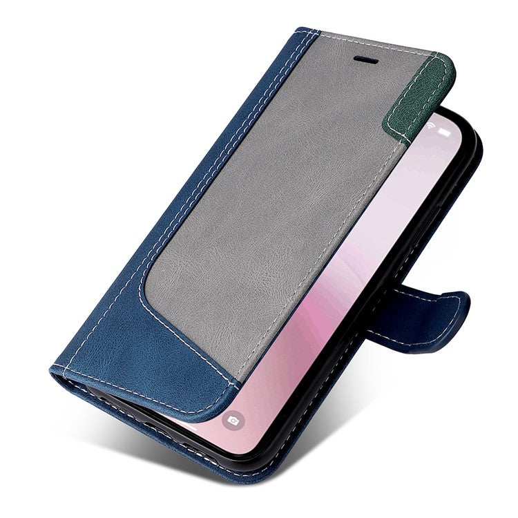 For iPhone 16e Case Wallet PU Leather Three-Color Splicing Phone Cover - Blue