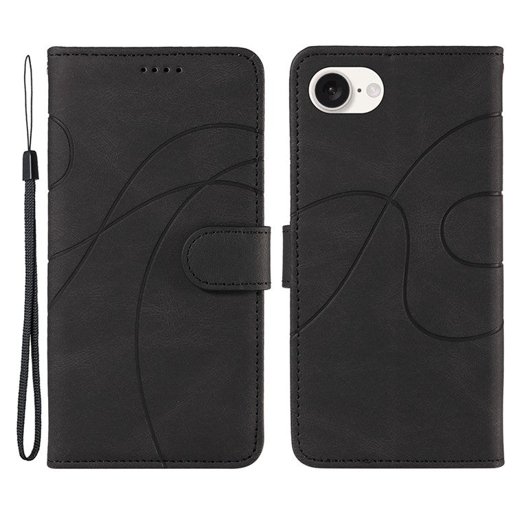 For iPhone 16e Case Curved Line Imprinted PU Leather Wallet Phone Cover - Black
