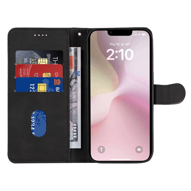 For iPhone 16e Case Curved Line Imprinted PU Leather Wallet Phone Cover - Black