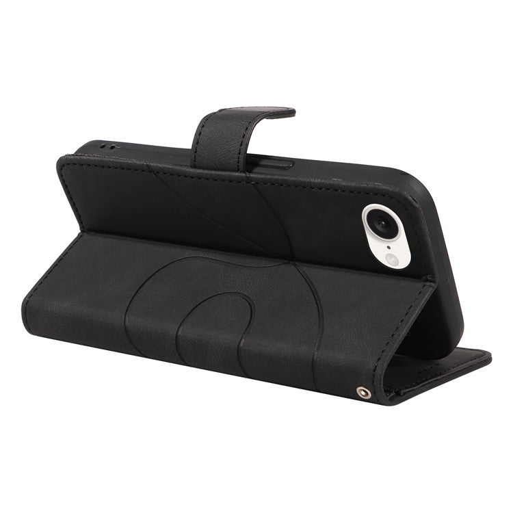 For iPhone 16e Case Curved Line Imprinted PU Leather Wallet Phone Cover - Black