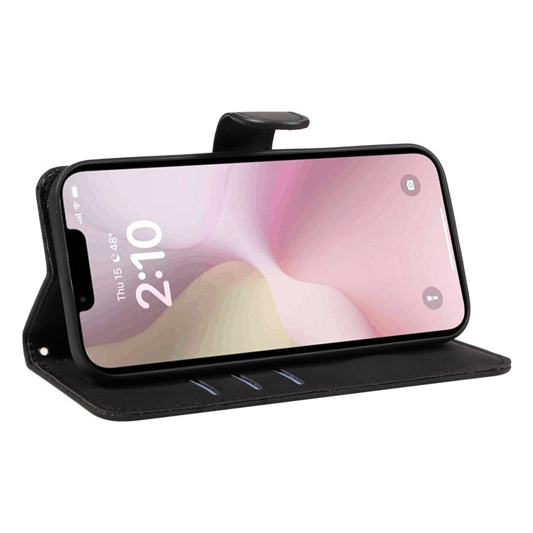 For iPhone 16e Case Curved Line Imprinted PU Leather Wallet Phone Cover - Black