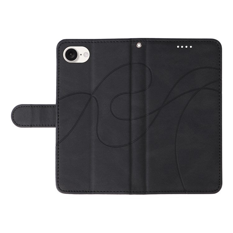 For iPhone 16e Case Curved Line Imprinted PU Leather Wallet Phone Cover - Black