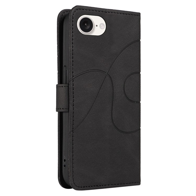 For iPhone 16e Case Curved Line Imprinted PU Leather Wallet Phone Cover - Black