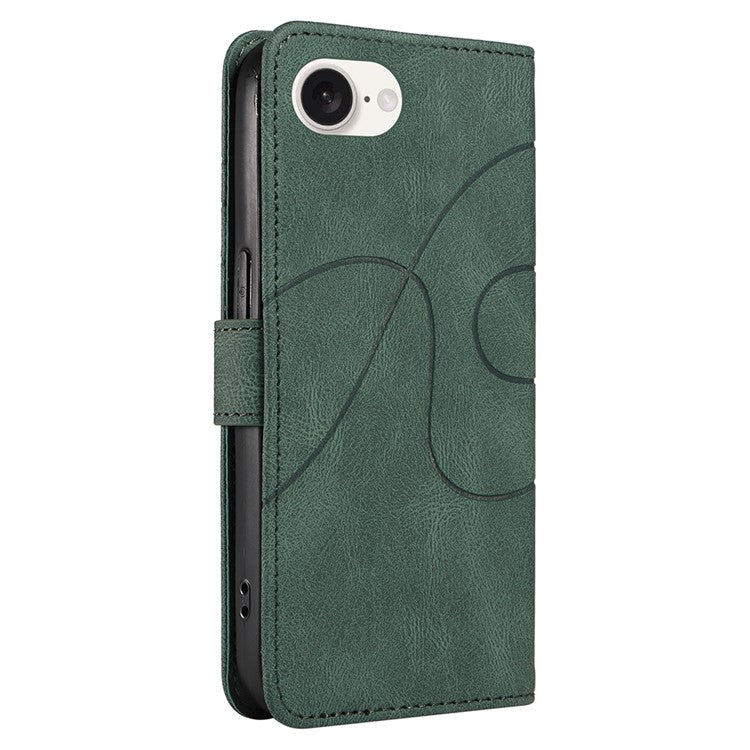 For iPhone 16e Case Curved Line Imprinted PU Leather Wallet Phone Cover - Green