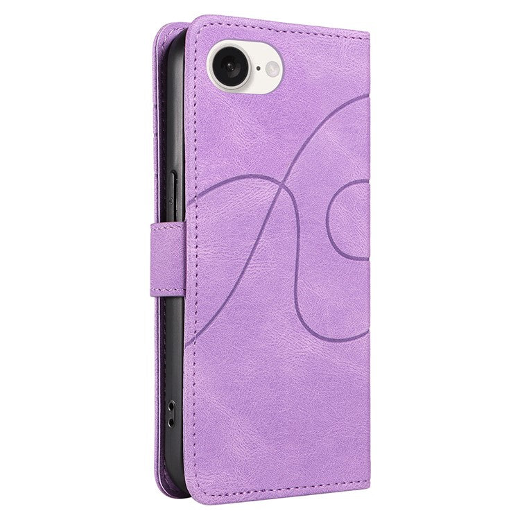 For iPhone 16e Case Curved Line Imprinted PU Leather Wallet Phone Cover - Light Purple