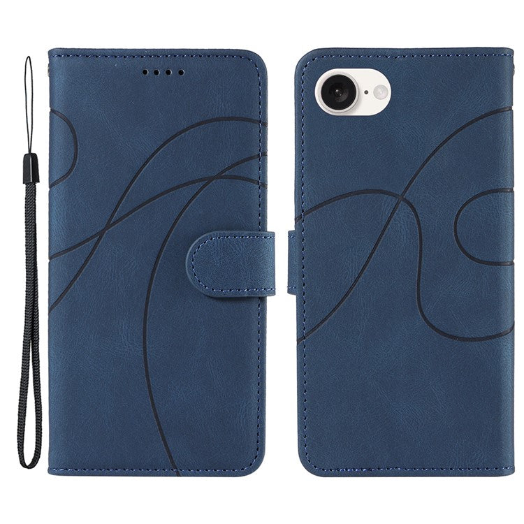 For iPhone 16e Case Curved Line Imprinted PU Leather Wallet Phone Cover - Blue