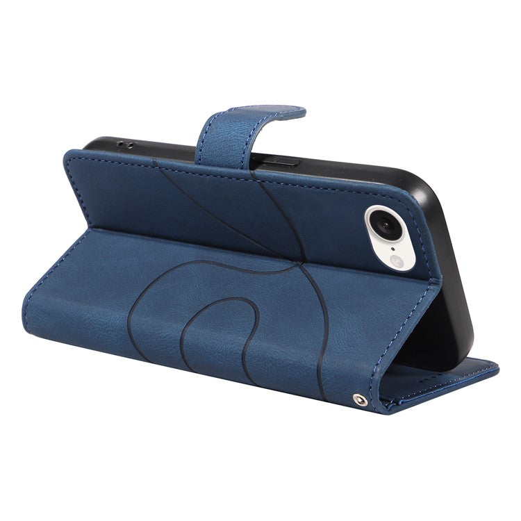 For iPhone 16e Case Curved Line Imprinted PU Leather Wallet Phone Cover - Blue