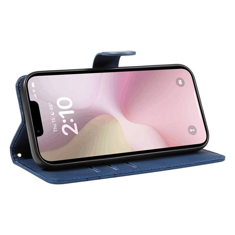 For iPhone 16e Case Curved Line Imprinted PU Leather Wallet Phone Cover - Blue