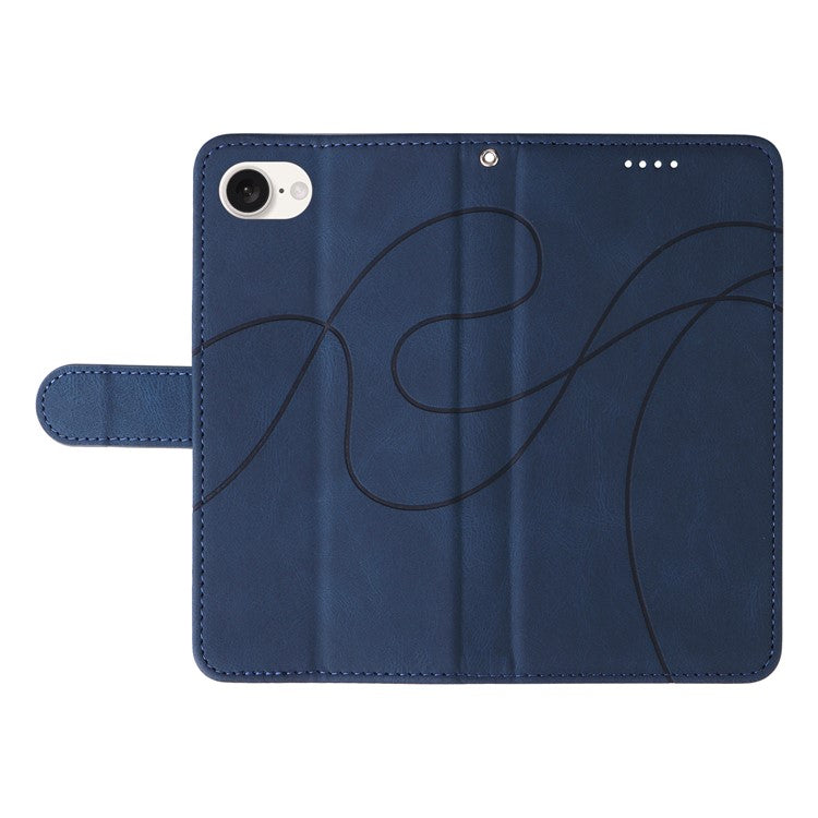 For iPhone 16e Case Curved Line Imprinted PU Leather Wallet Phone Cover - Blue