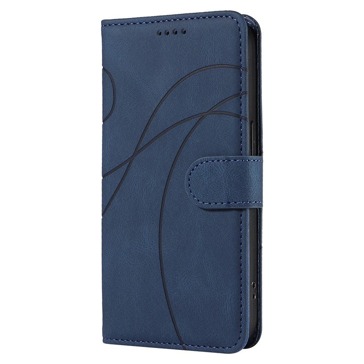 For iPhone 16e Case Curved Line Imprinted PU Leather Wallet Phone Cover - Blue