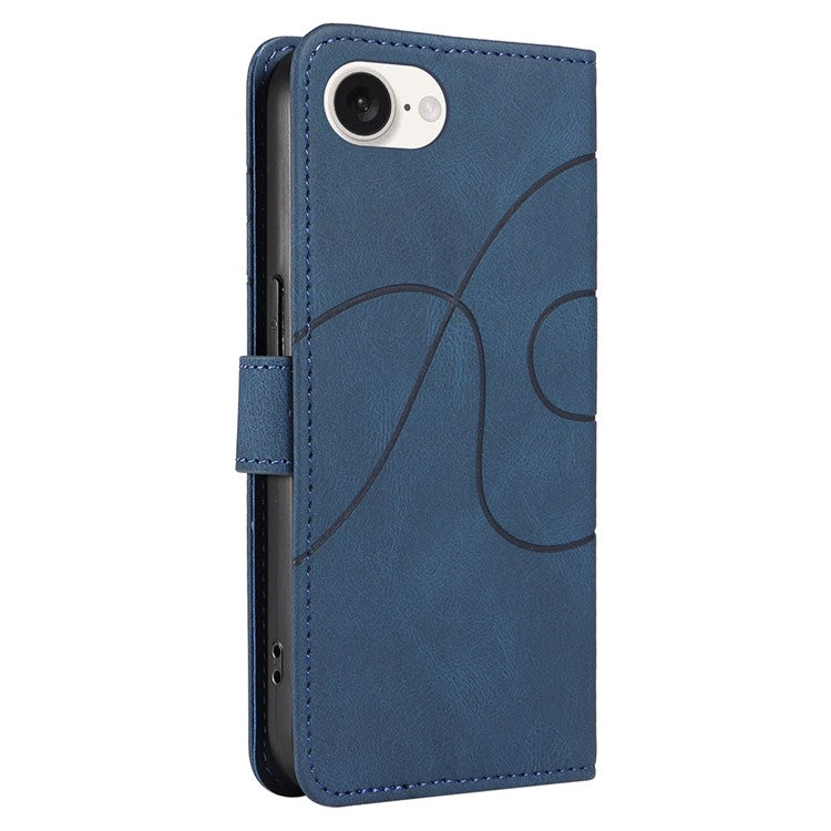 For iPhone 16e Case Curved Line Imprinted PU Leather Wallet Phone Cover - Blue
