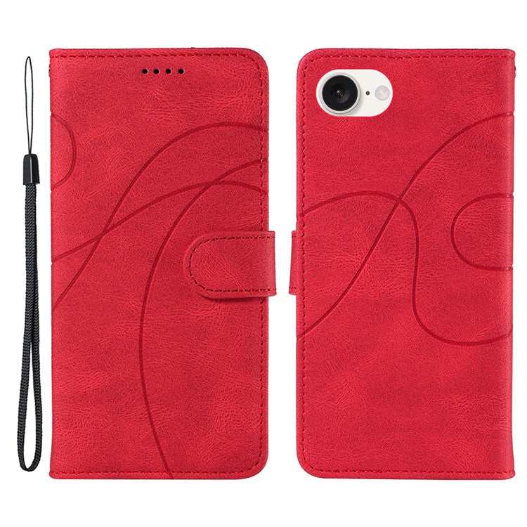 For iPhone 16e Case Curved Line Imprinted PU Leather Wallet Phone Cover - Red